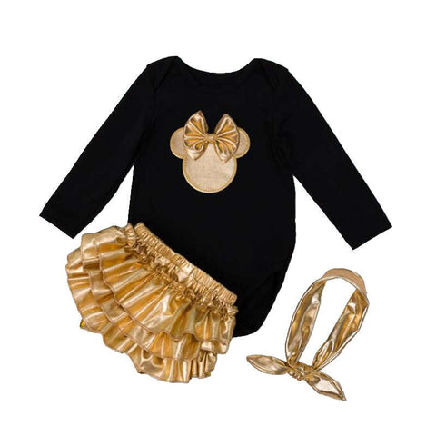 Minnie Newborn Girl Clothes Set Cotton Full Sleeves Baby Bodysuit + Headband + Ruffle Bloomer Set